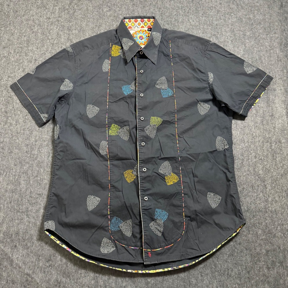 Robert Graham Mens Black Guitar Pick Print Short Sleeve Button Down Shirt Large
